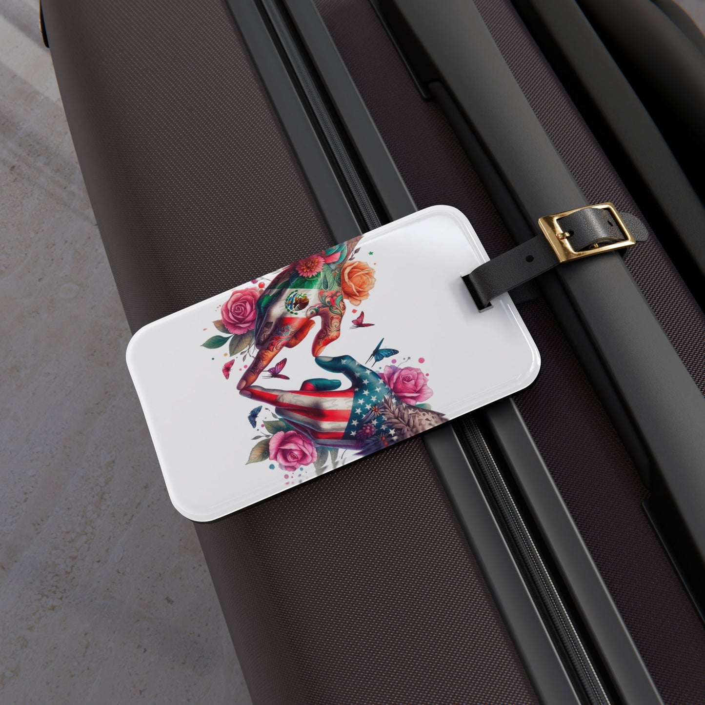 American Floral Heart Luggage Tag – Patriotic Hand Heart Design