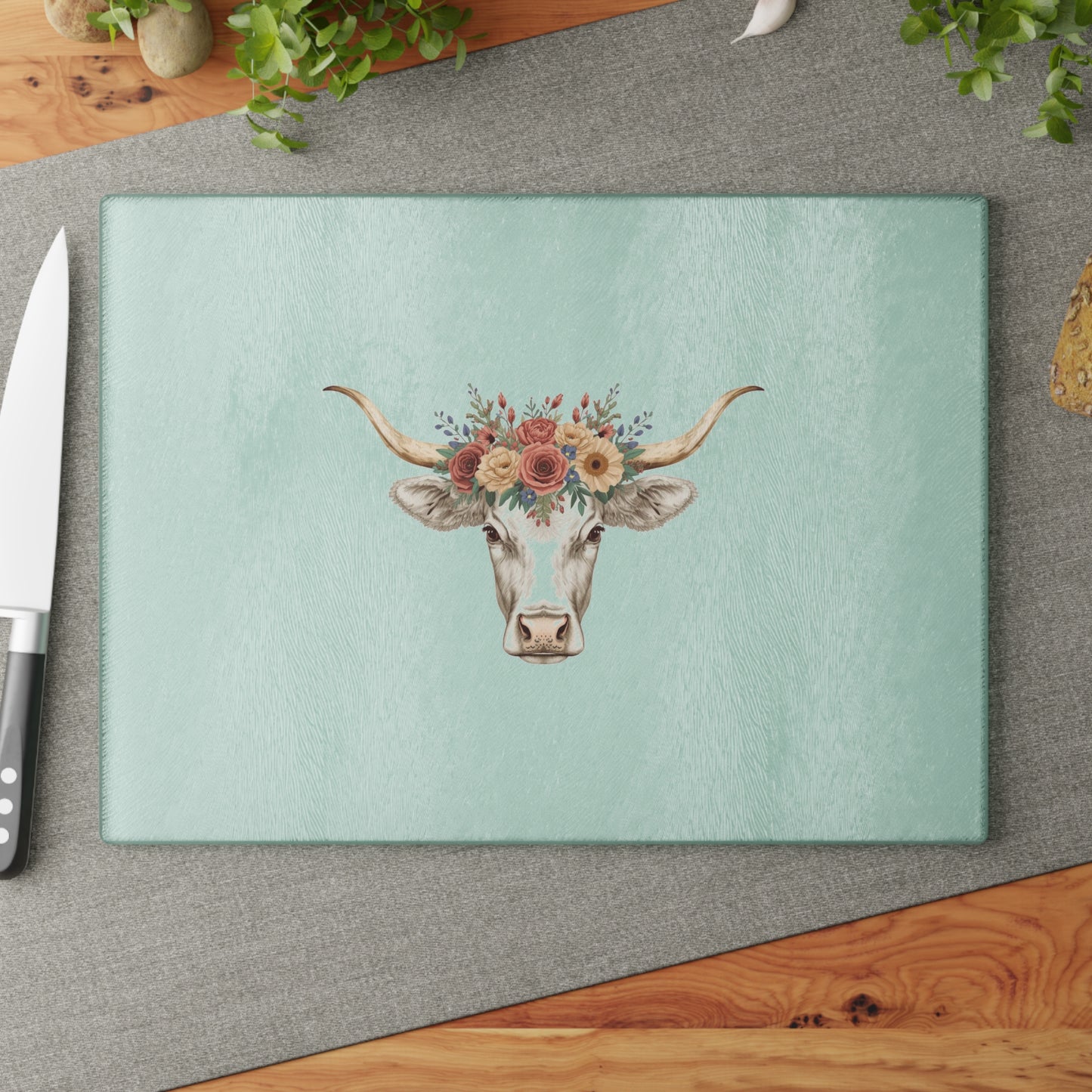 Floral Horn Cow Glass Cutting Board | Farmhouse Kitchen Decor
