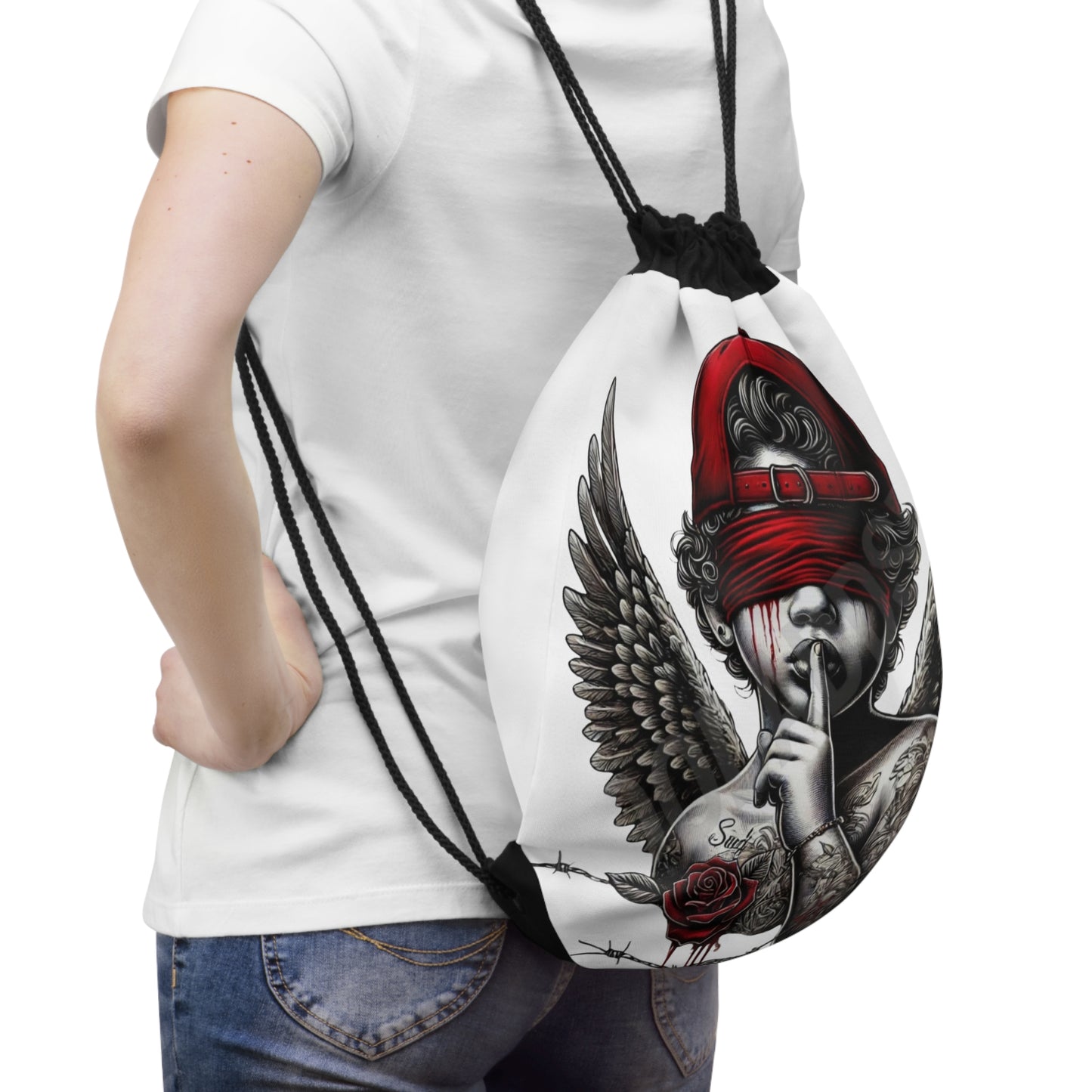 Winged Skull with Red Cap Drawstring Bag | Angel Wings Shh Graphic