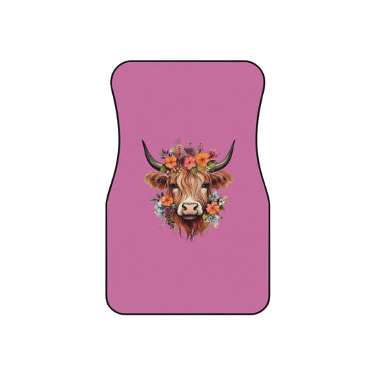Floral Highland Cow Car Mats | Front Seat Floor Mats