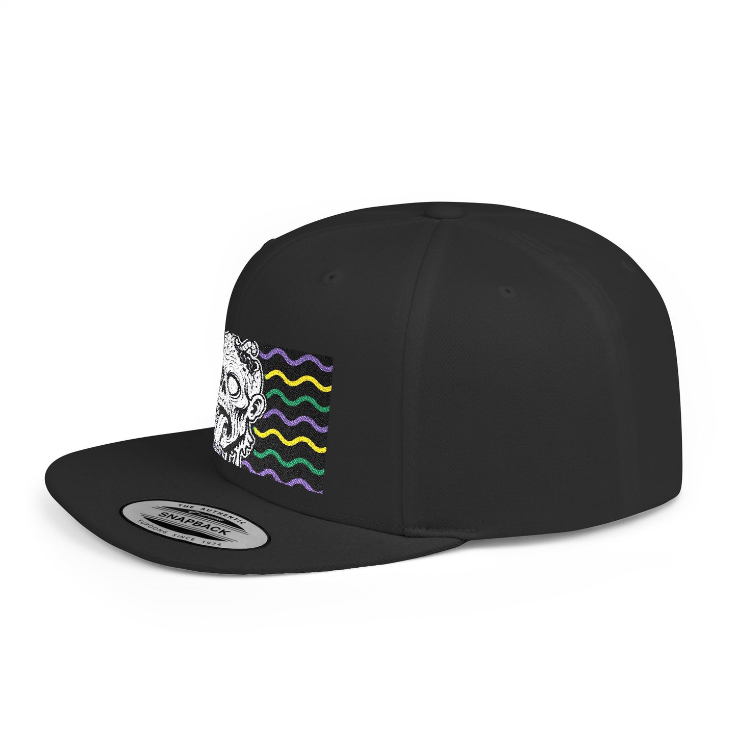 Zombie Wave Snapback Hat — Retro Neon Skull Flat-Bill Cap