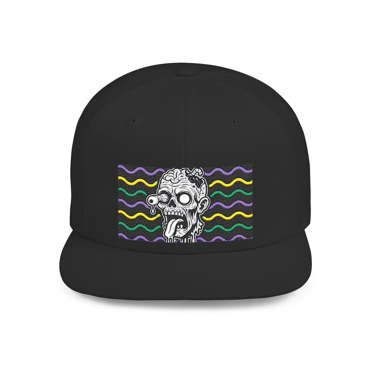 Zombie Wave Snapback Hat — Retro Neon Skull Flat-Bill Cap