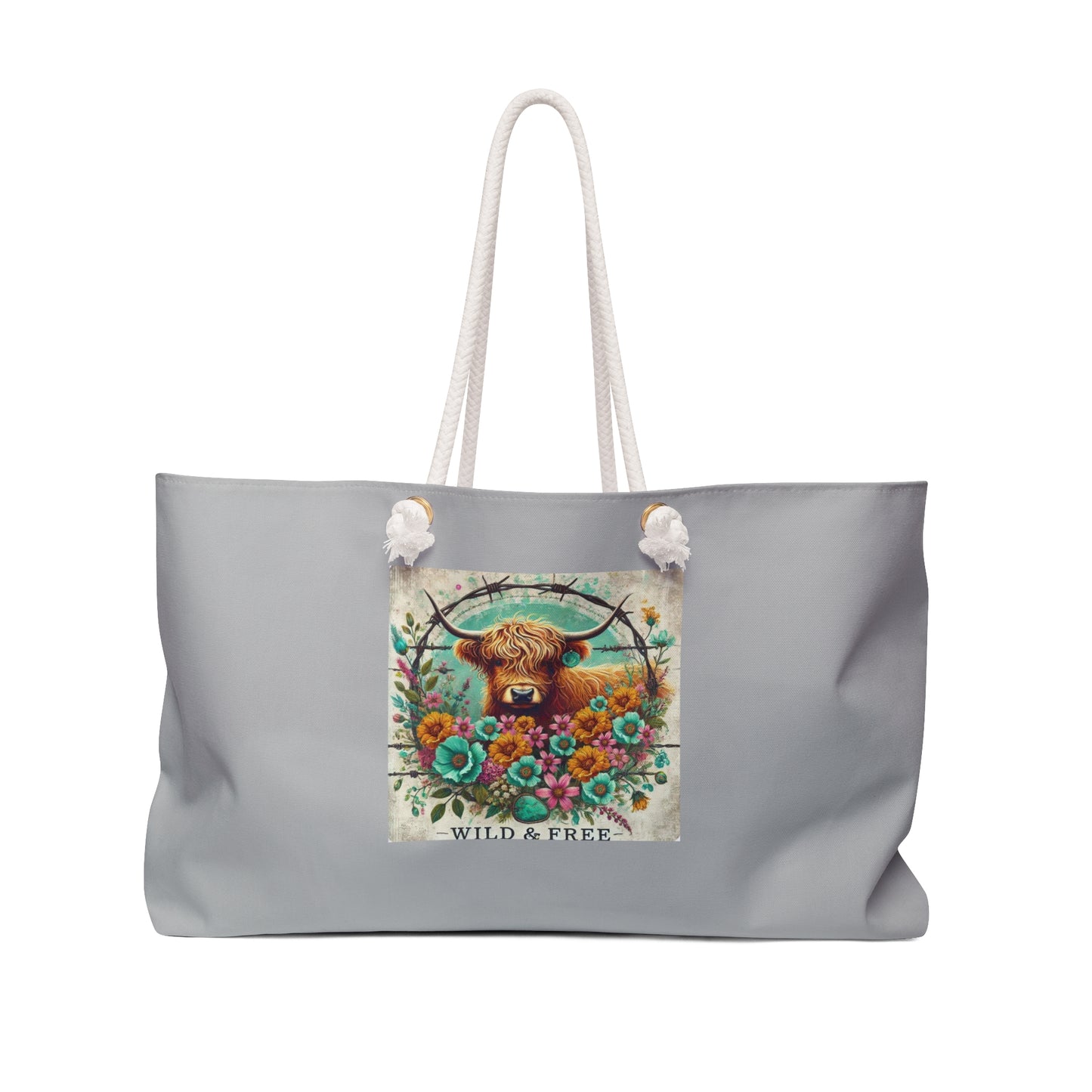 Highland Cow Floral 'Wild & Free' Weekender Bag | Boho Travel Tote