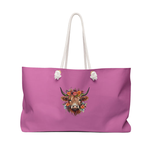 Floral Cow Weekender Bag — Pink Large Travel Tote with Boho Flower Horns