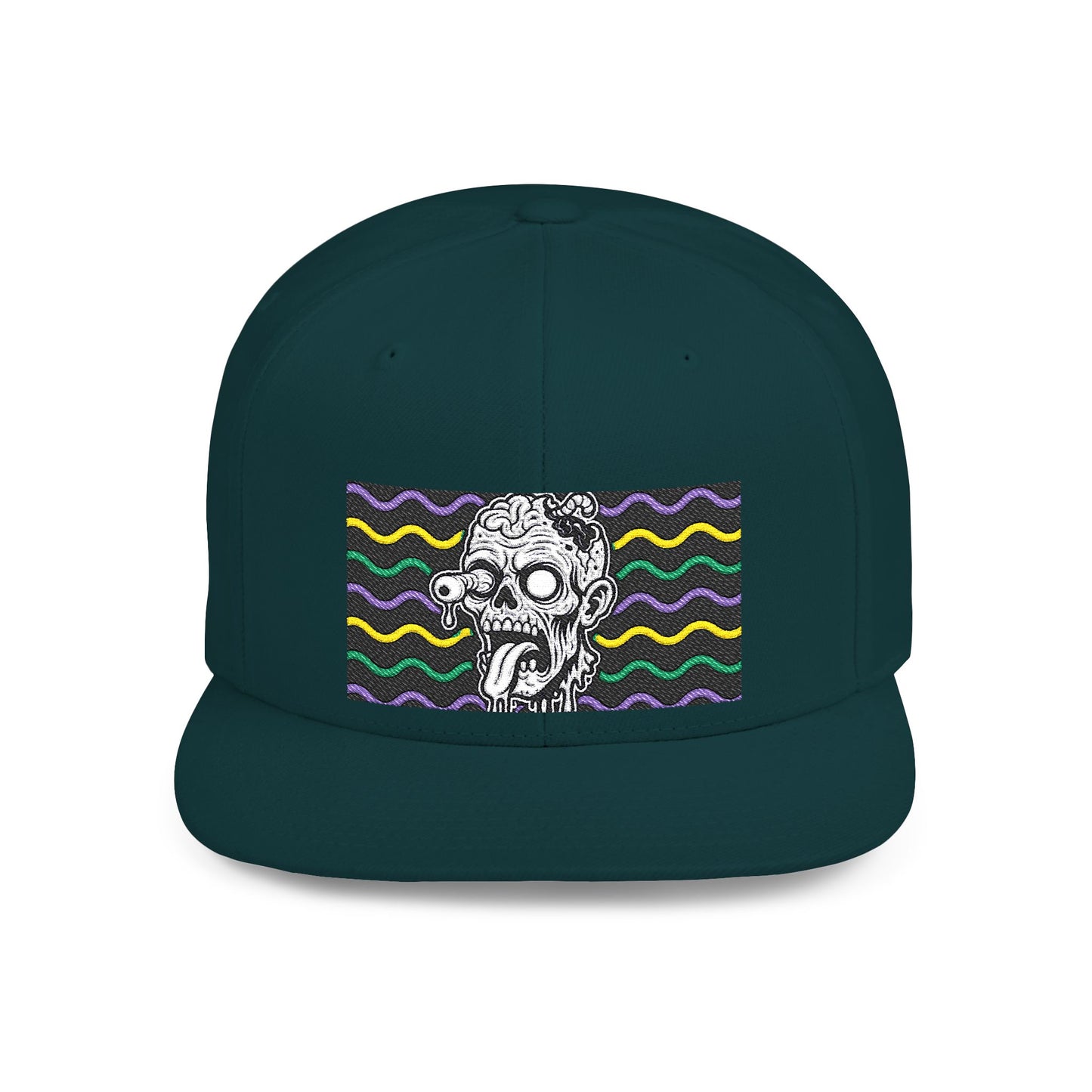 Zombie Wave Snapback Hat — Retro Neon Skull Flat-Bill Cap