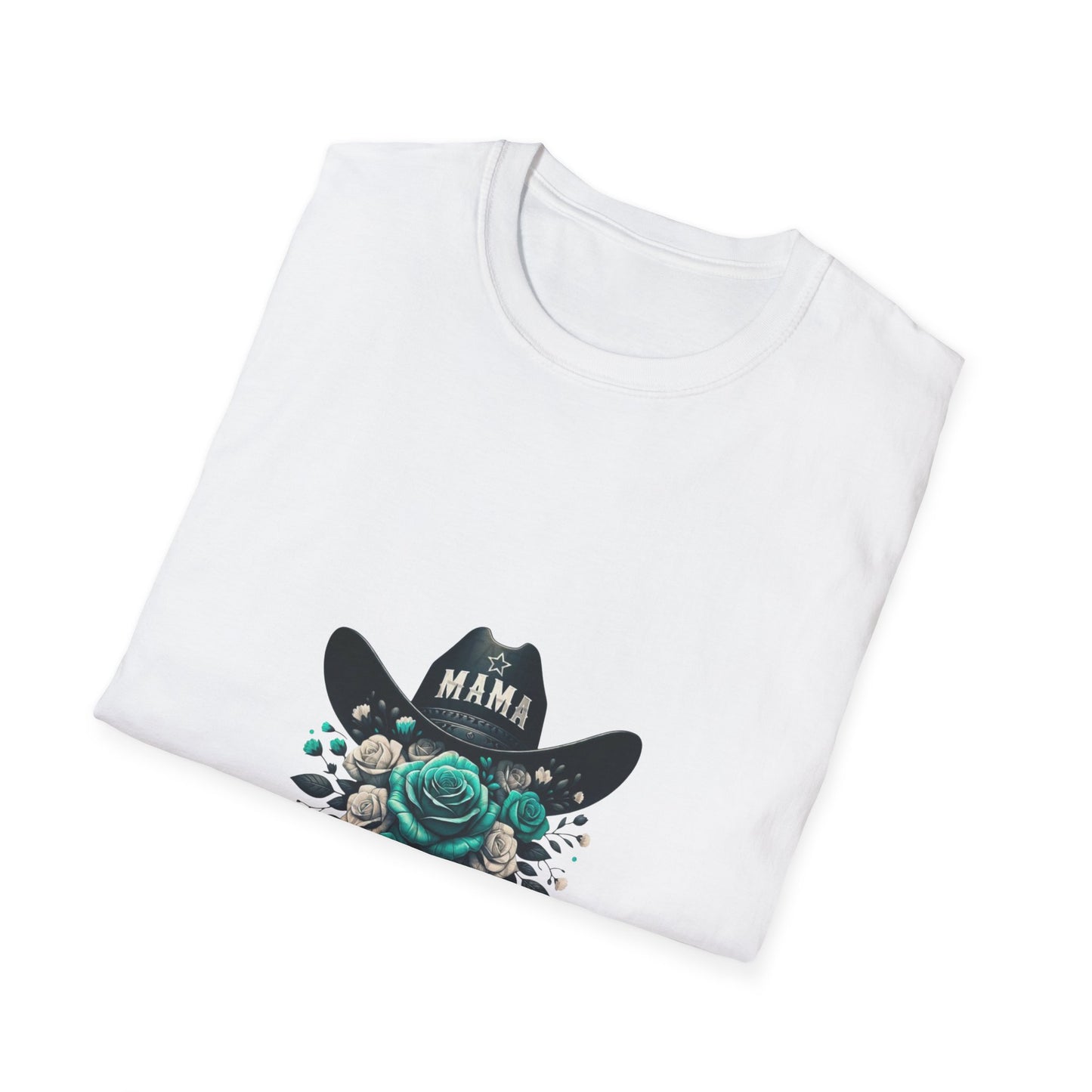 Mama Cowgirl Hat with Teal Rose T-Shirt | Floral Western Mom Tee