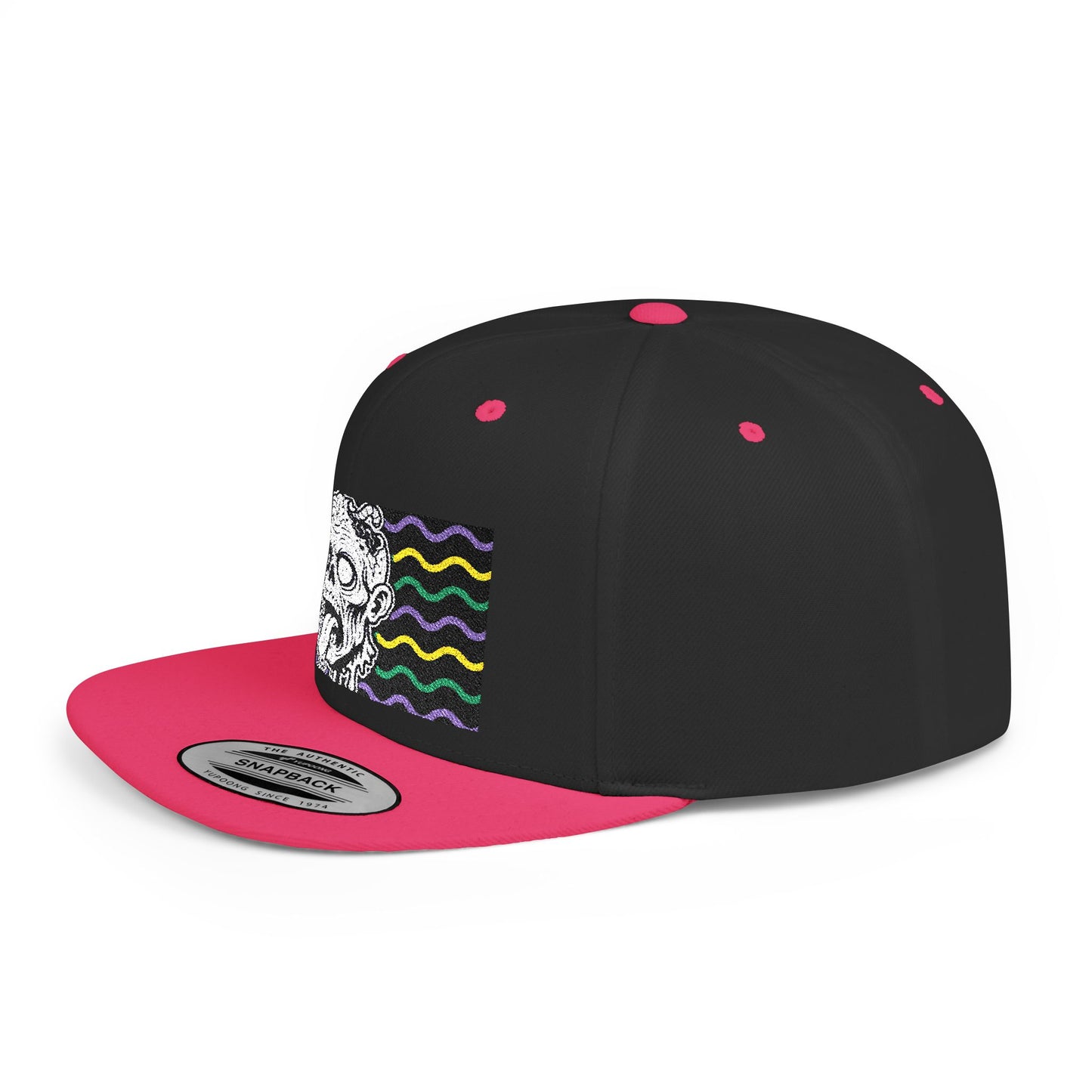 Zombie Wave Snapback Hat — Retro Neon Skull Flat-Bill Cap