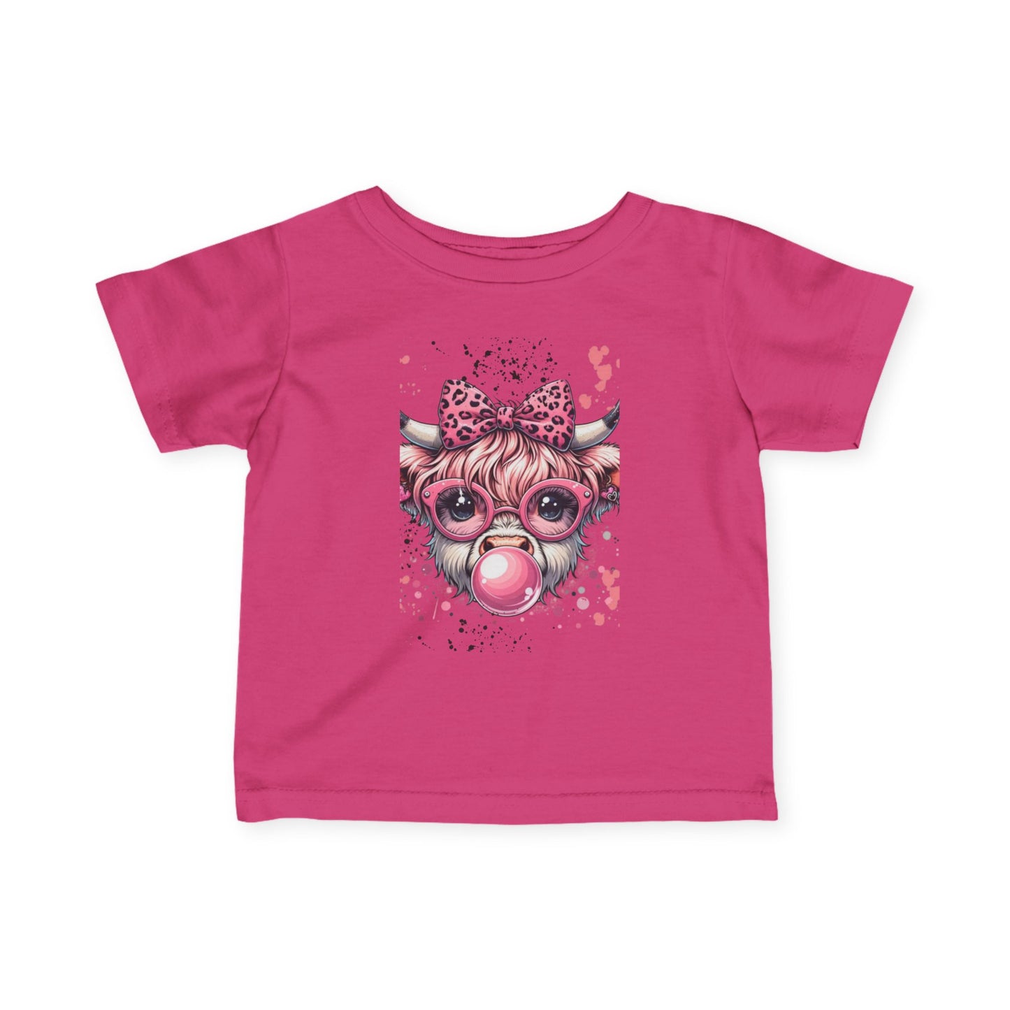 Pink Bubblegum Cow Infant Tee | Cute Cow Face with Glasses & Bow