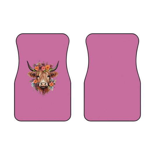 Floral Highland Cow Car Mats | Front Seat Floor Mats