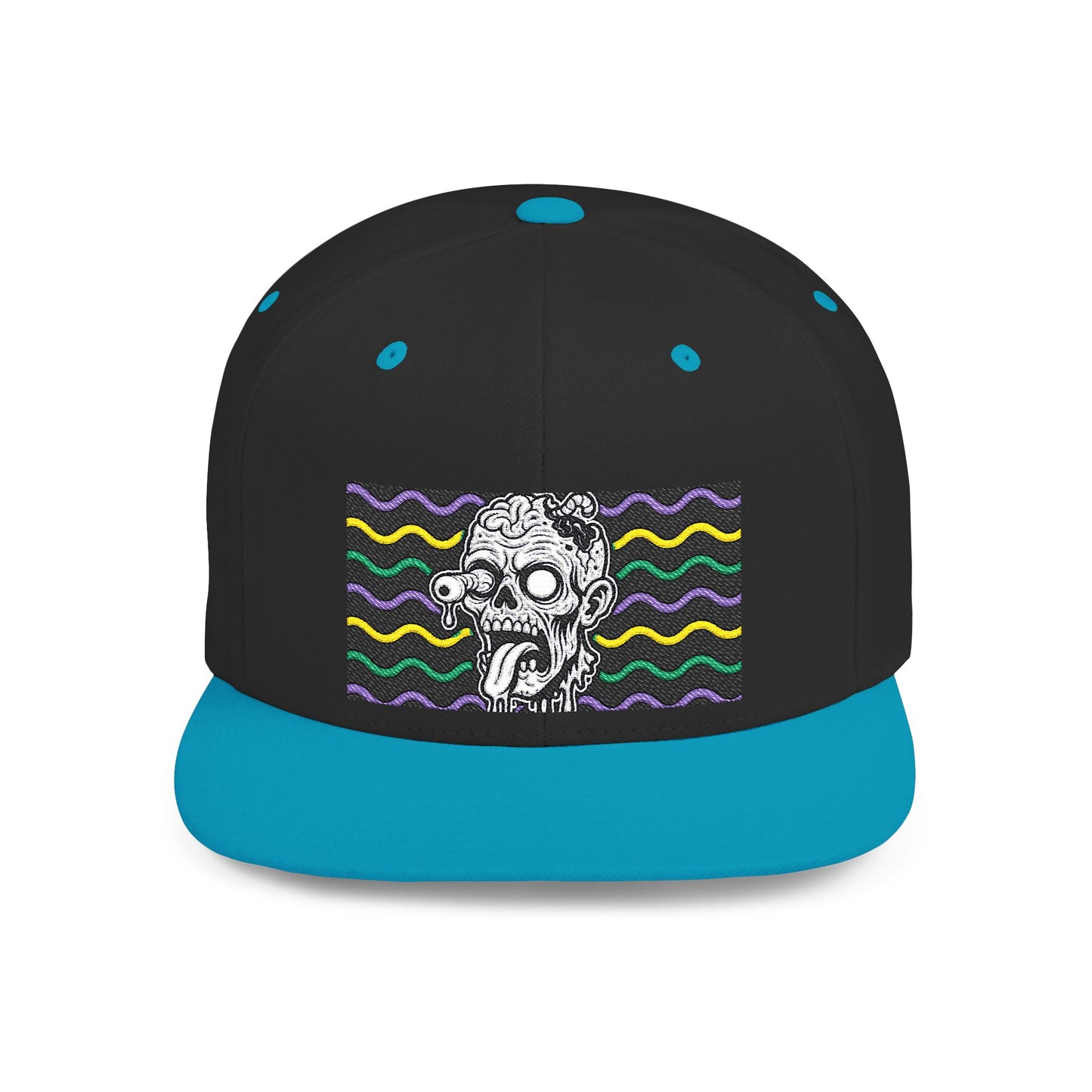 Zombie Wave Snapback Hat — Retro Neon Skull Flat-Bill Cap