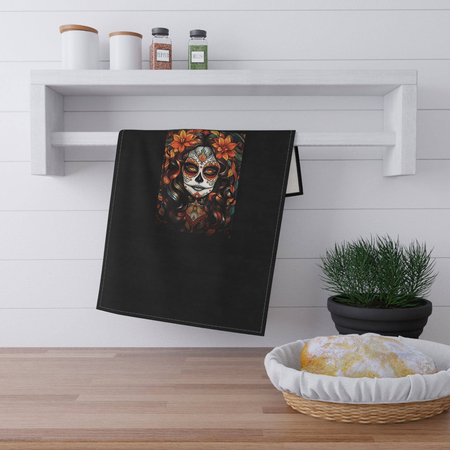 Sugar Skull Woman Tea Towel | Dia de los Muertos Kitchen Towel