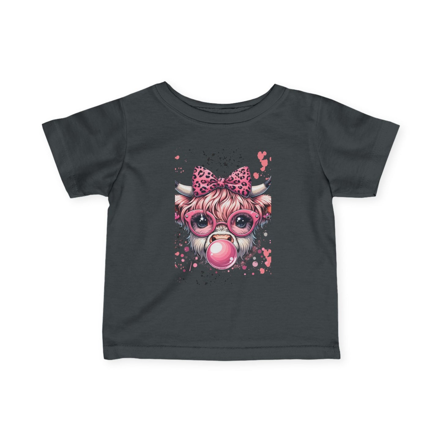 Pink Bubblegum Cow Infant Tee | Cute Cow Face with Glasses & Bow