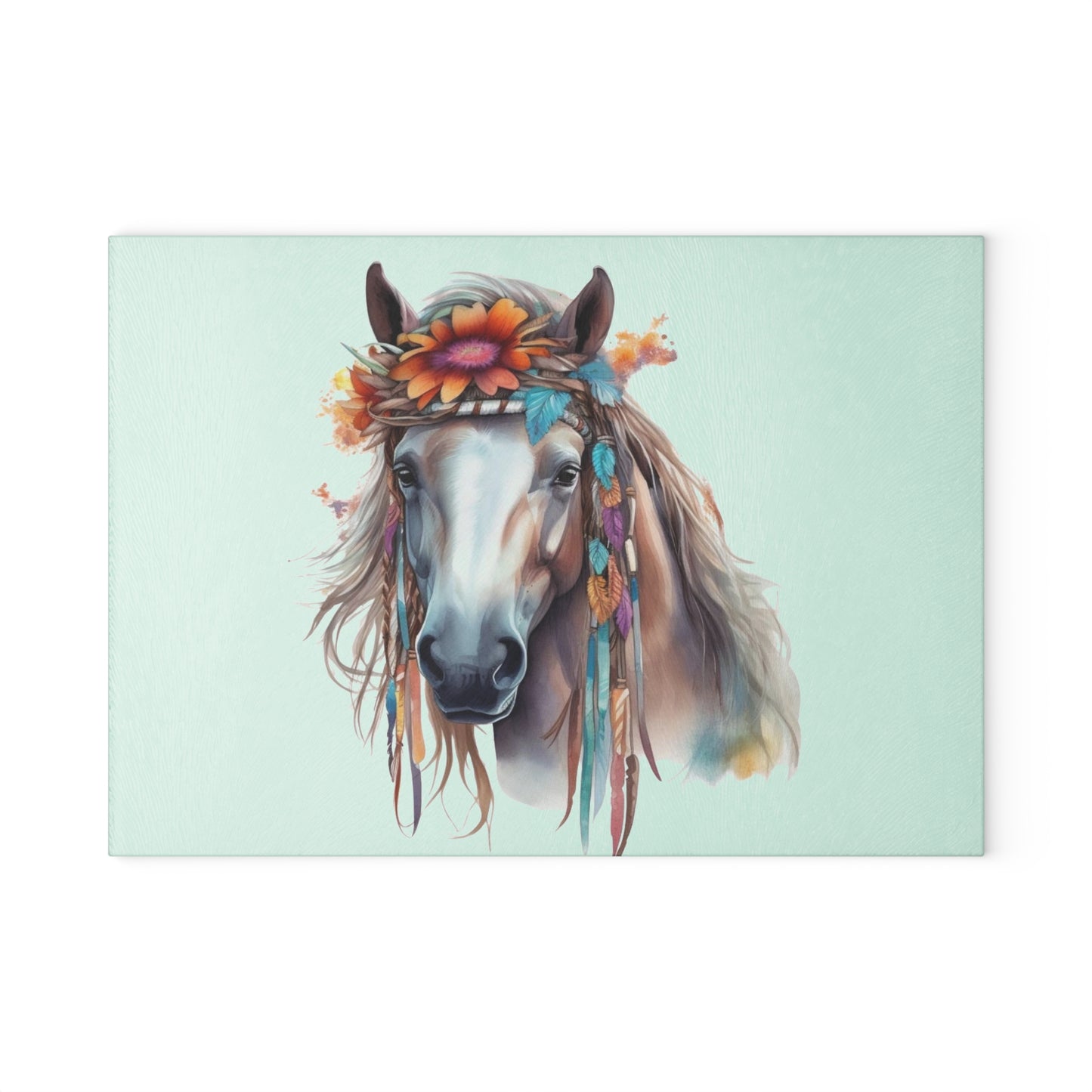 Boho Horse Floral Feathered Stallion Glass Cutting Board