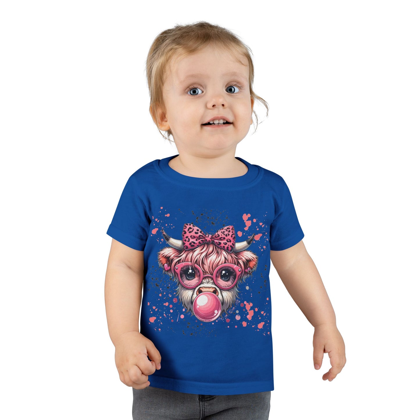 Bubblegum Cow toddler t-shirt | pink bow sunglasses playful farm animal