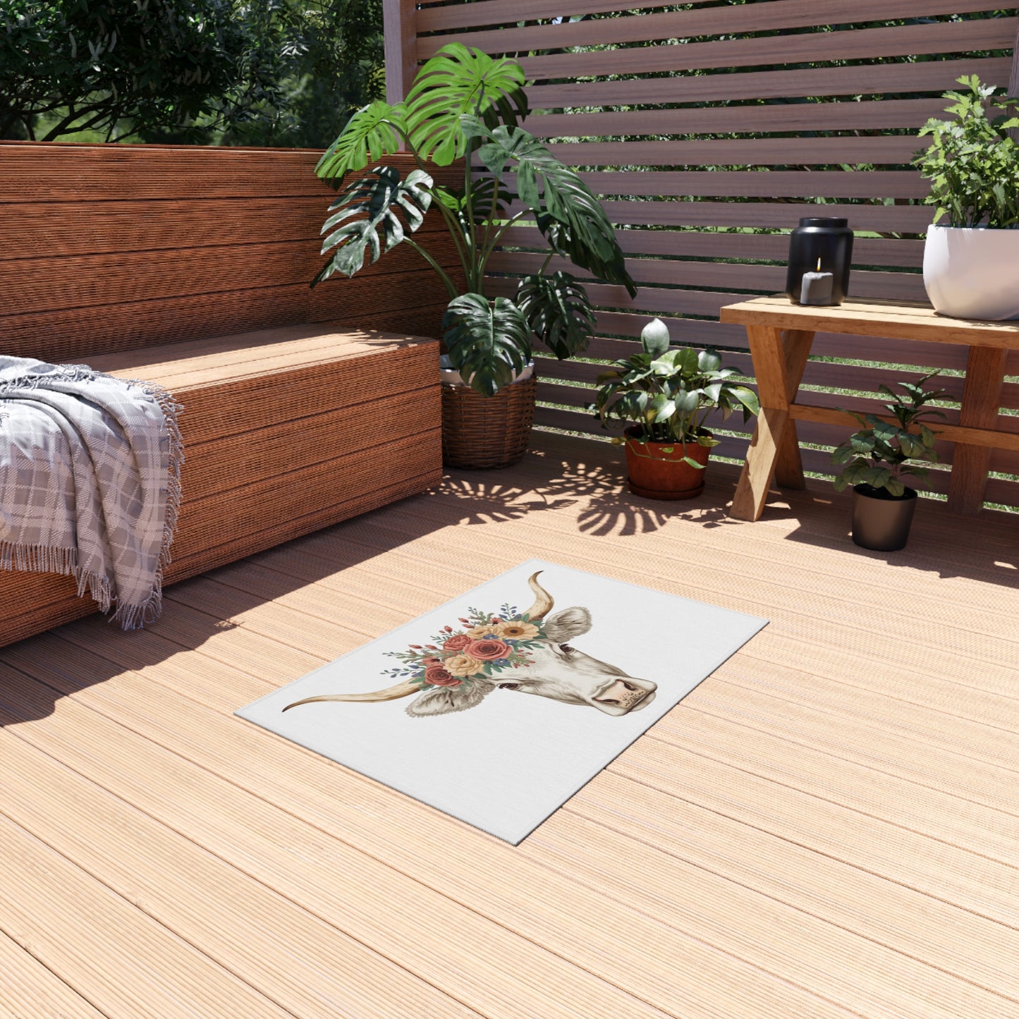 Floral Longhorn Cow Outdoor Rug | Farmhouse Boho Patio Mat