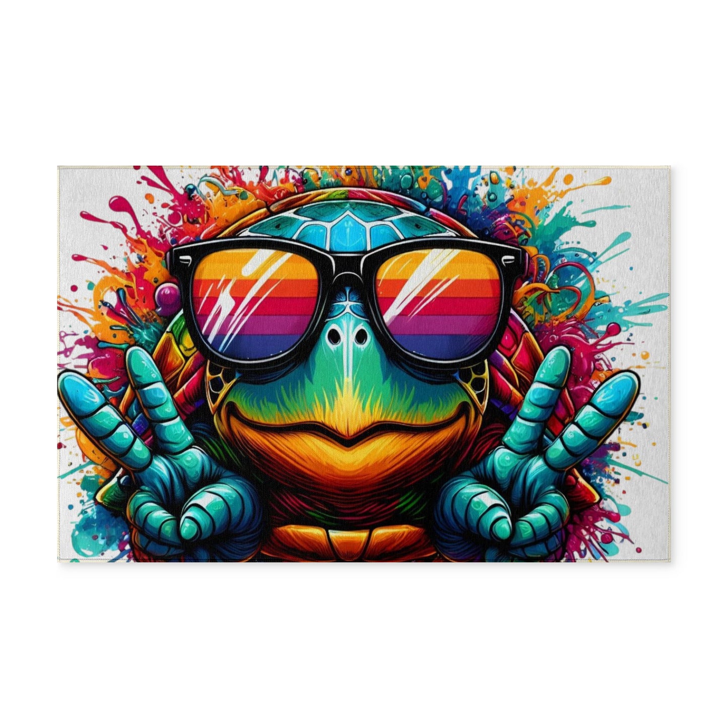 Colorful Cool Turtle Peace Sign Washable Rug | Beachy Coastal Neon Turtle Mat