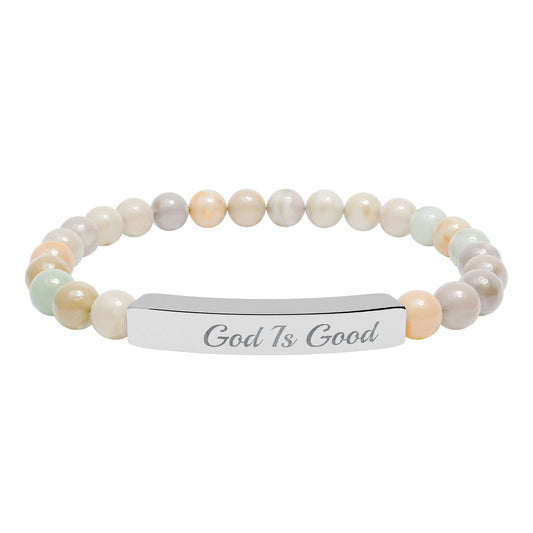 Engraved Natural Stone Stretch Bracelet — "Good Is Good" Bar