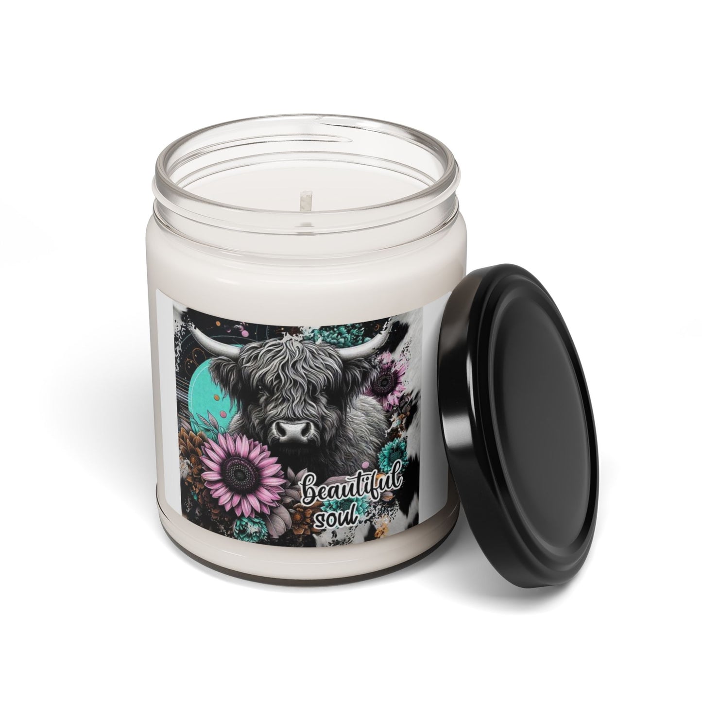 Highland Cow Floral 'Beautiful Soul' Candle, Soy Jar 9oz