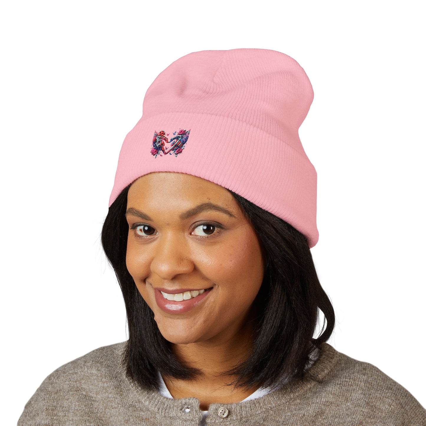 Embroidered Floral Heart Beanie — Classic Cuffed Knit Hat