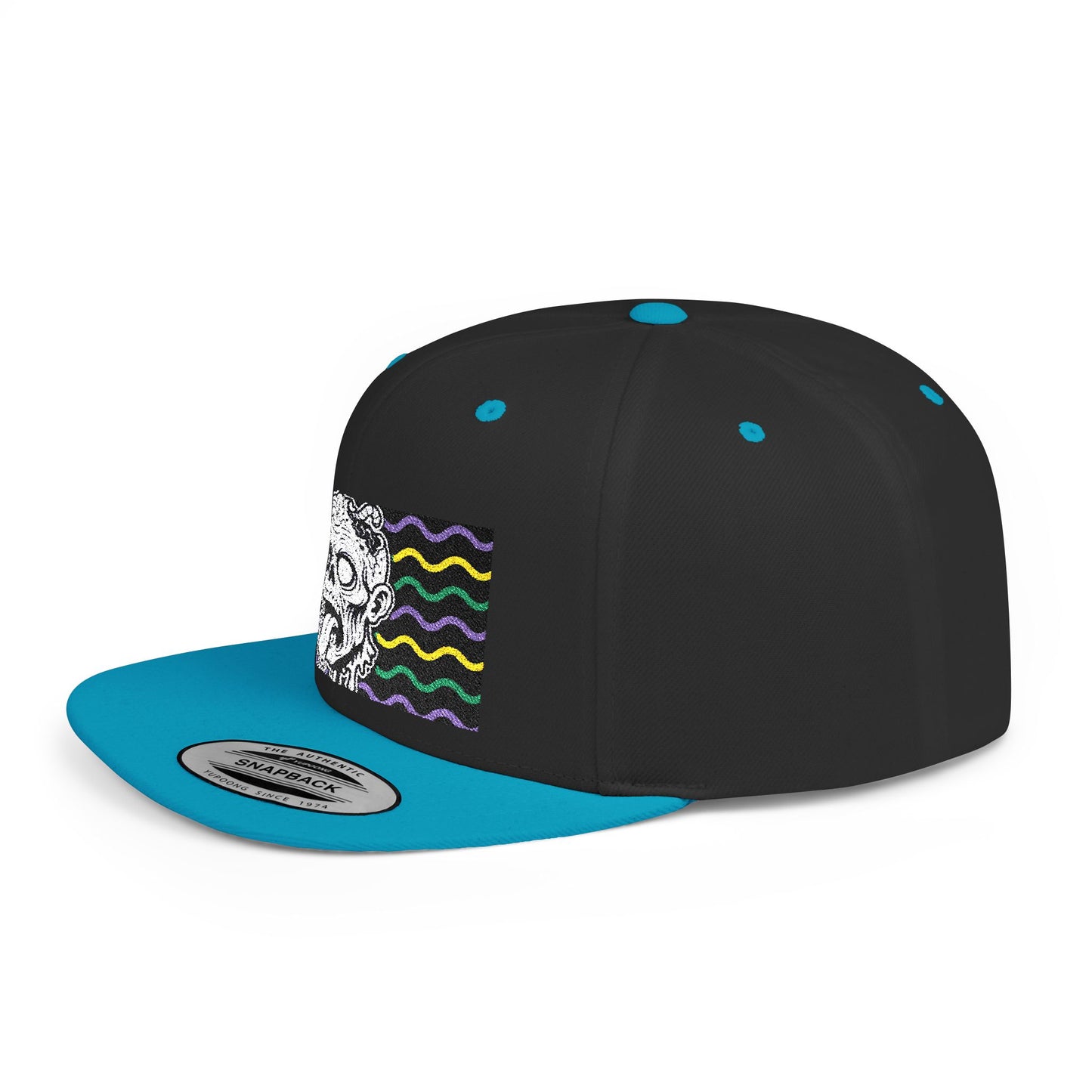 Zombie Wave Snapback Hat — Retro Neon Skull Flat-Bill Cap