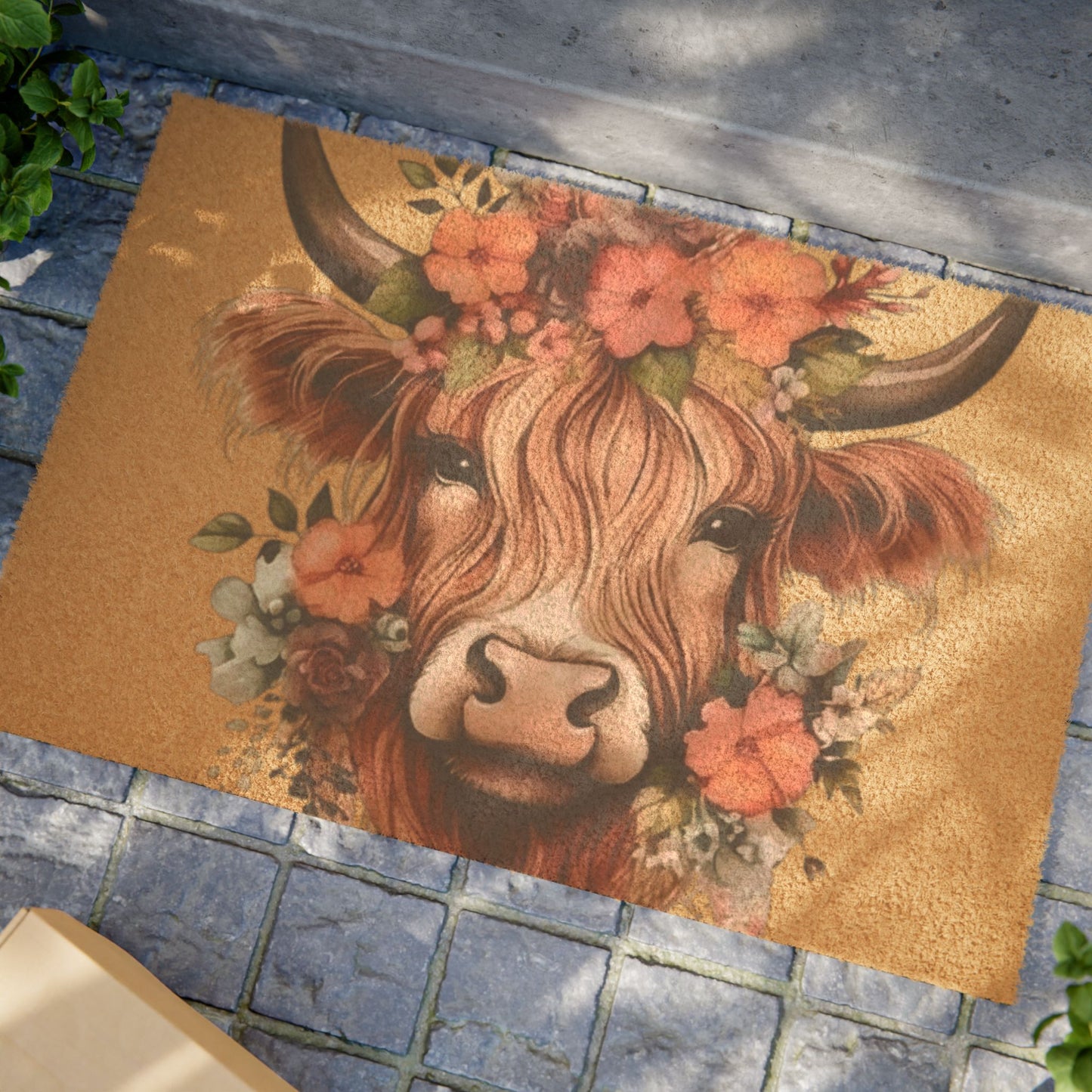 Floral Highland Cow Doormat | Rustic Cow Face Coir Welcome Mat