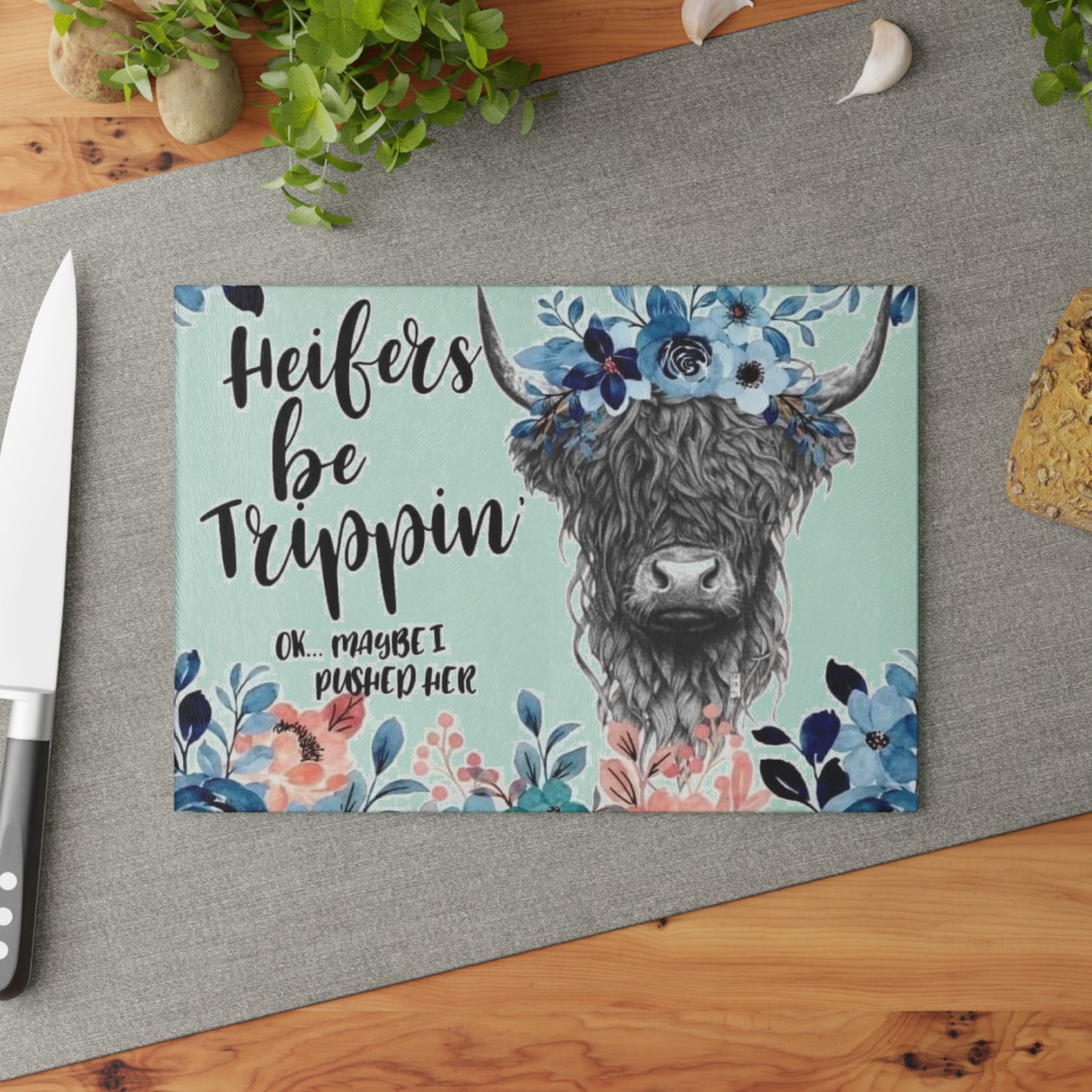 Heifers Be Trippin cow illustration Glass Cutting Board | floral farmhouse kitchen decor