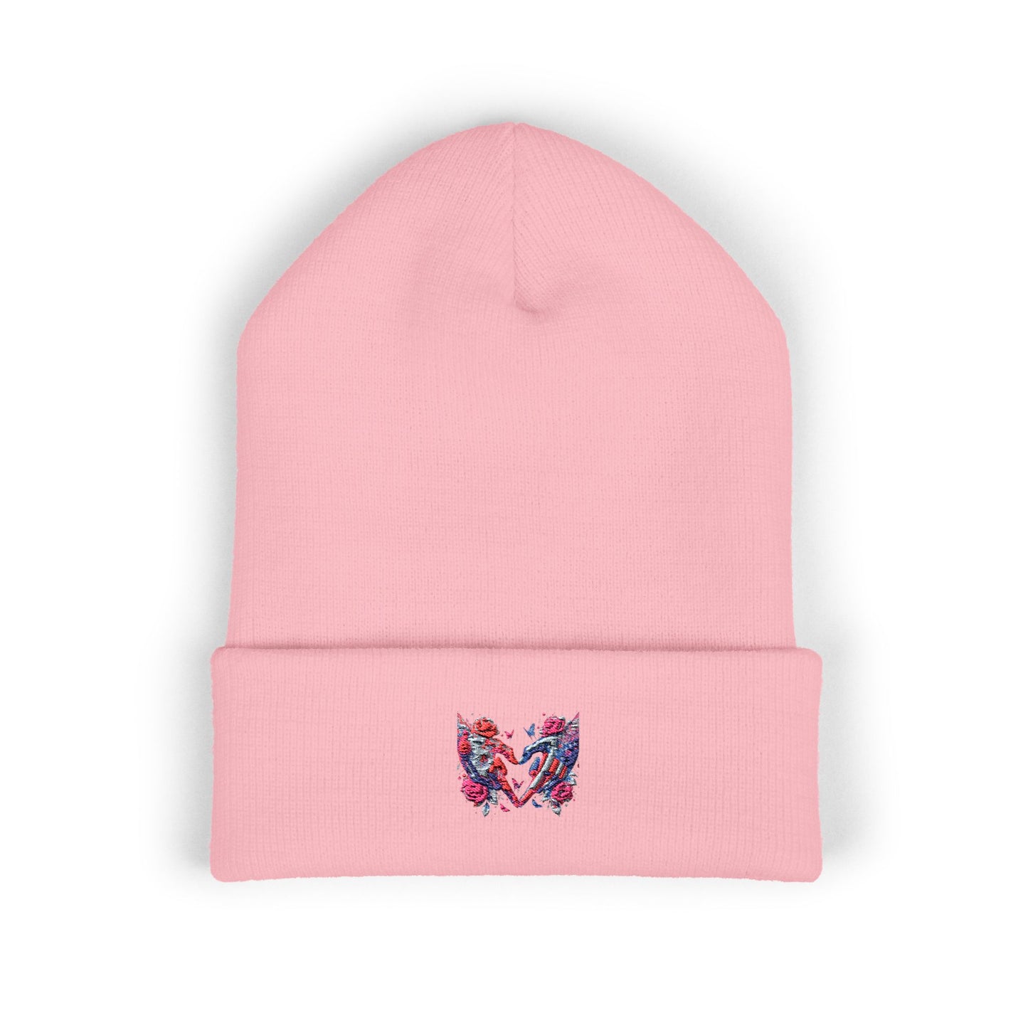 Embroidered Floral Heart Beanie — Classic Cuffed Knit Hat