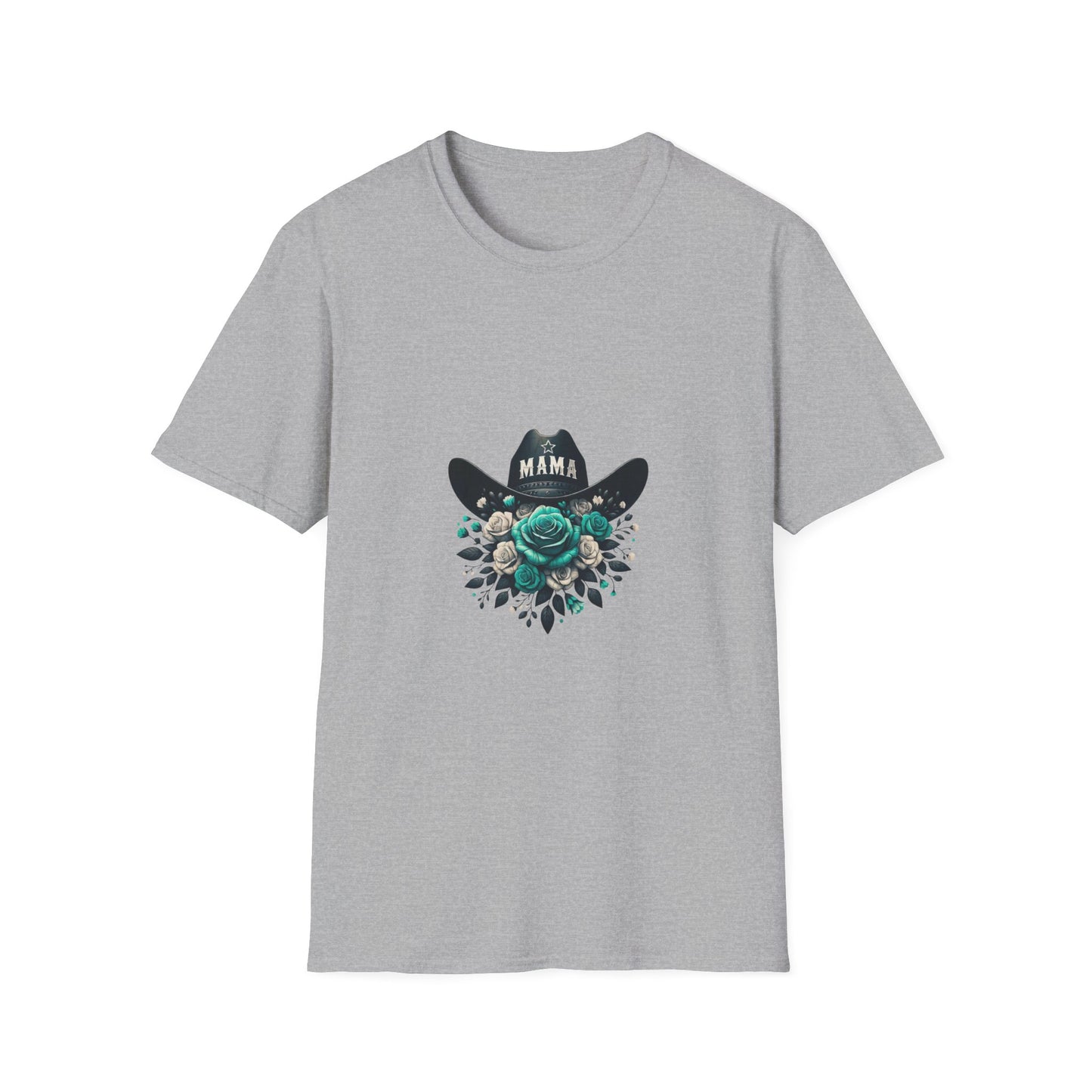 Mama Cowgirl Hat with Teal Rose T-Shirt | Floral Western Mom Tee