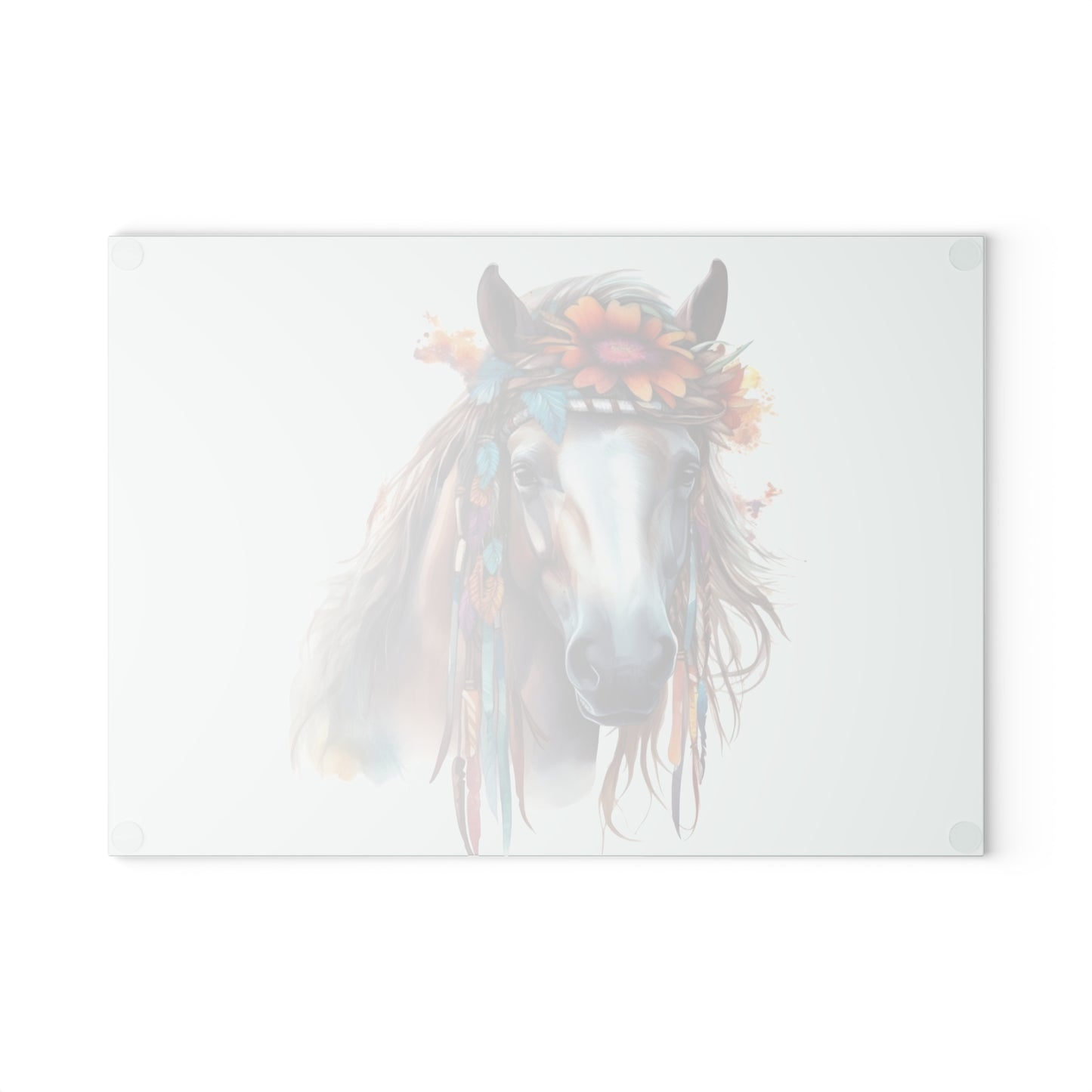 Boho Horse Floral Feathered Stallion Glass Cutting Board