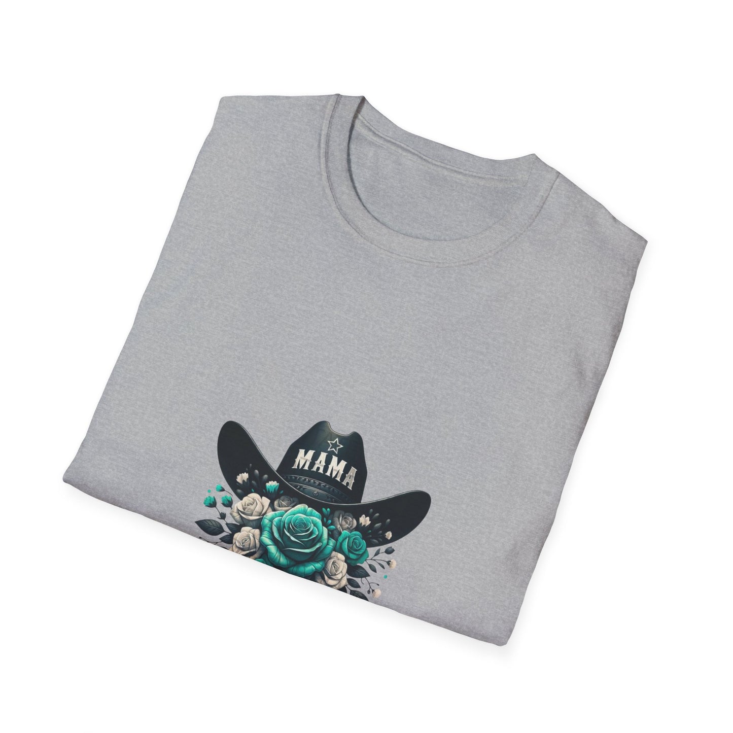 Mama Cowgirl Hat with Teal Rose T-Shirt | Floral Western Mom Tee