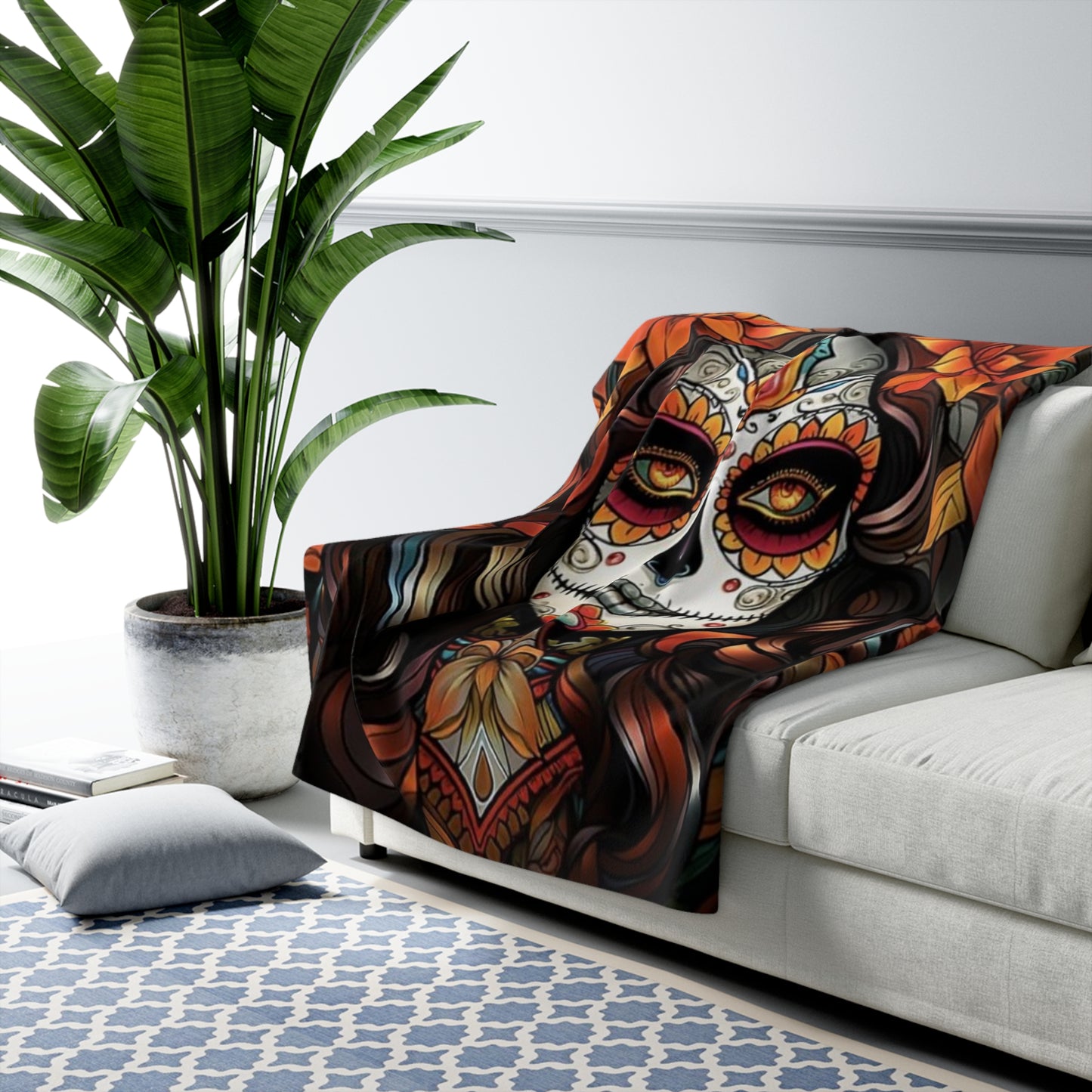 Sugar Skull Woman Sherpa Fleece Blanket | Dia de los Muertos Floral Throw