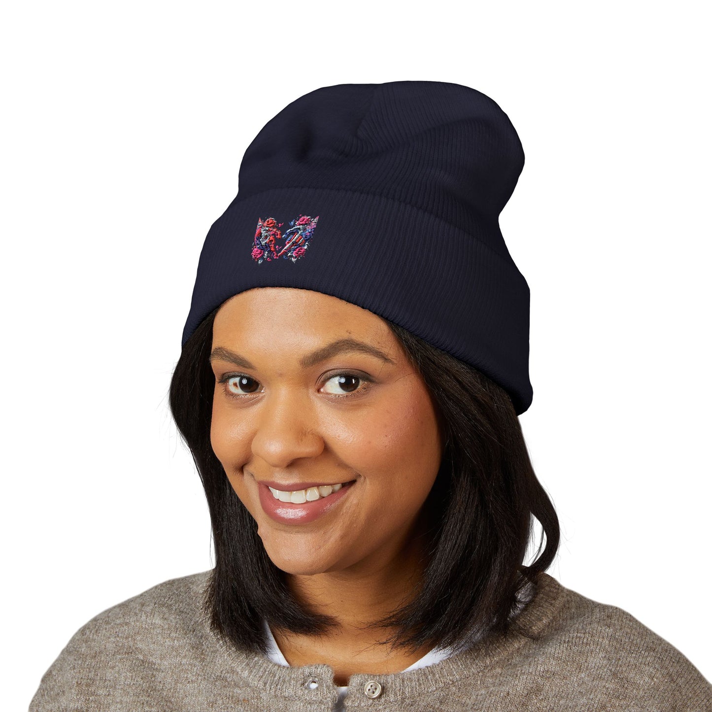 Embroidered Floral Heart Beanie — Classic Cuffed Knit Hat