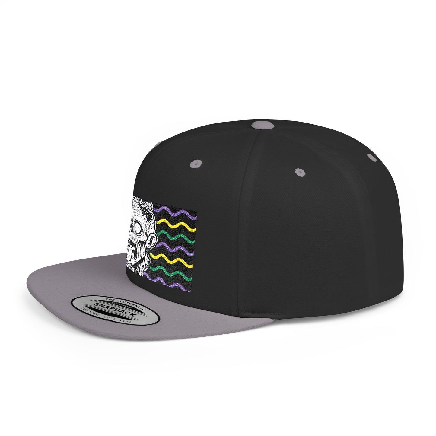 Zombie Wave Snapback Hat — Retro Neon Skull Flat-Bill Cap