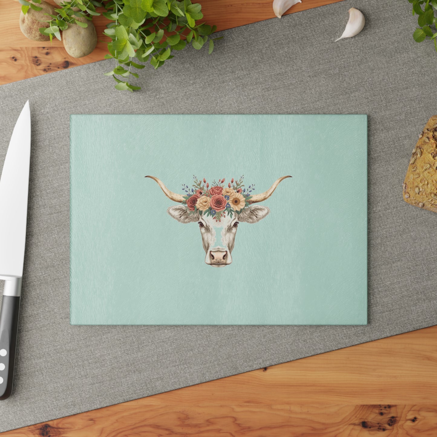 Floral Horn Cow Glass Cutting Board | Farmhouse Kitchen Decor