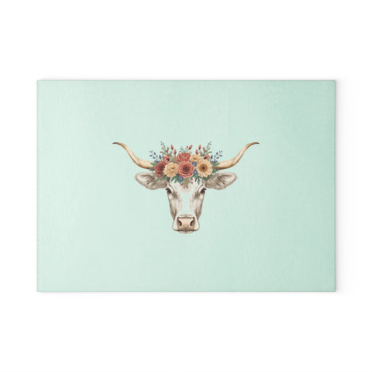 Floral Horn Cow Glass Cutting Board | Farmhouse Kitchen Decor