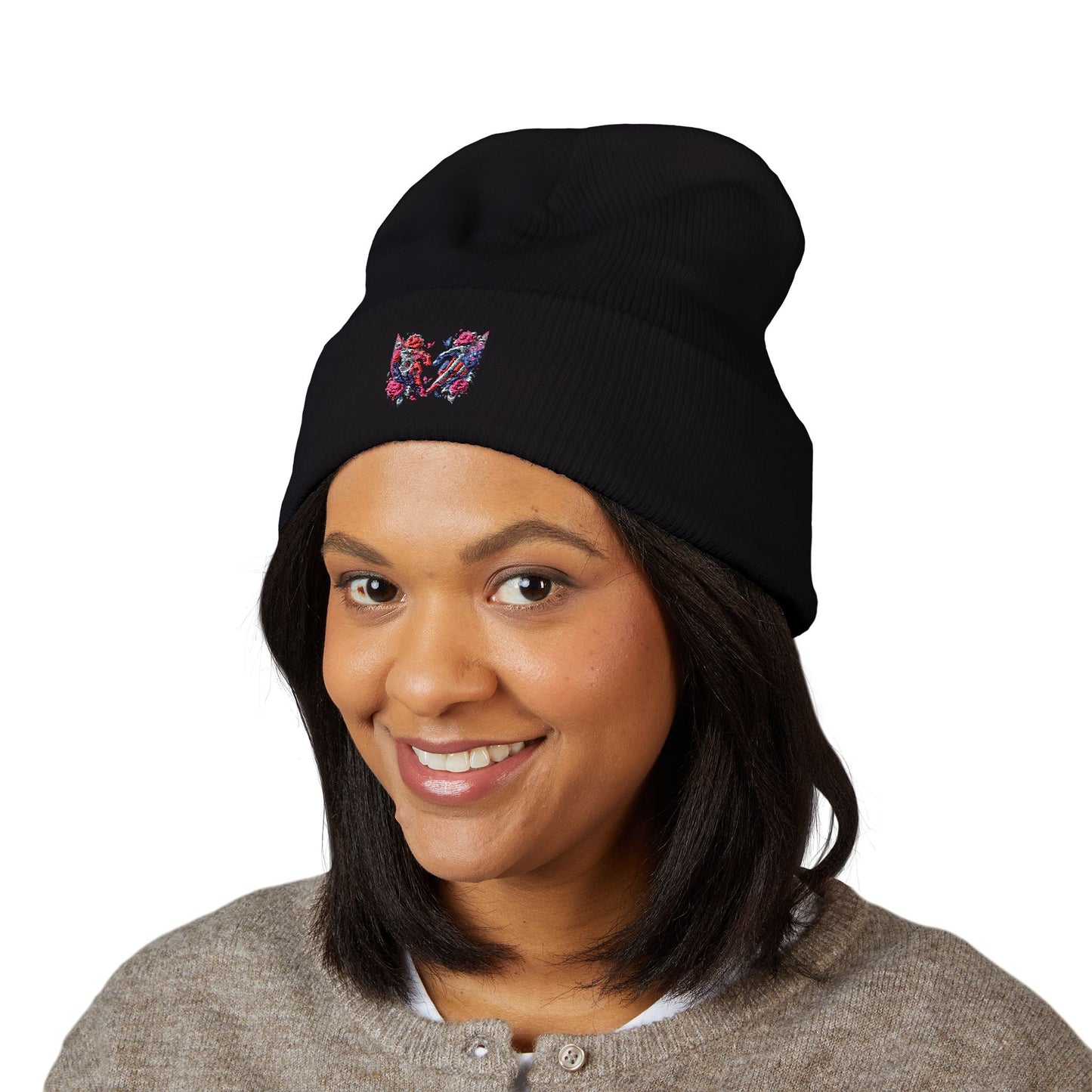 Embroidered Floral Heart Beanie — Classic Cuffed Knit Hat
