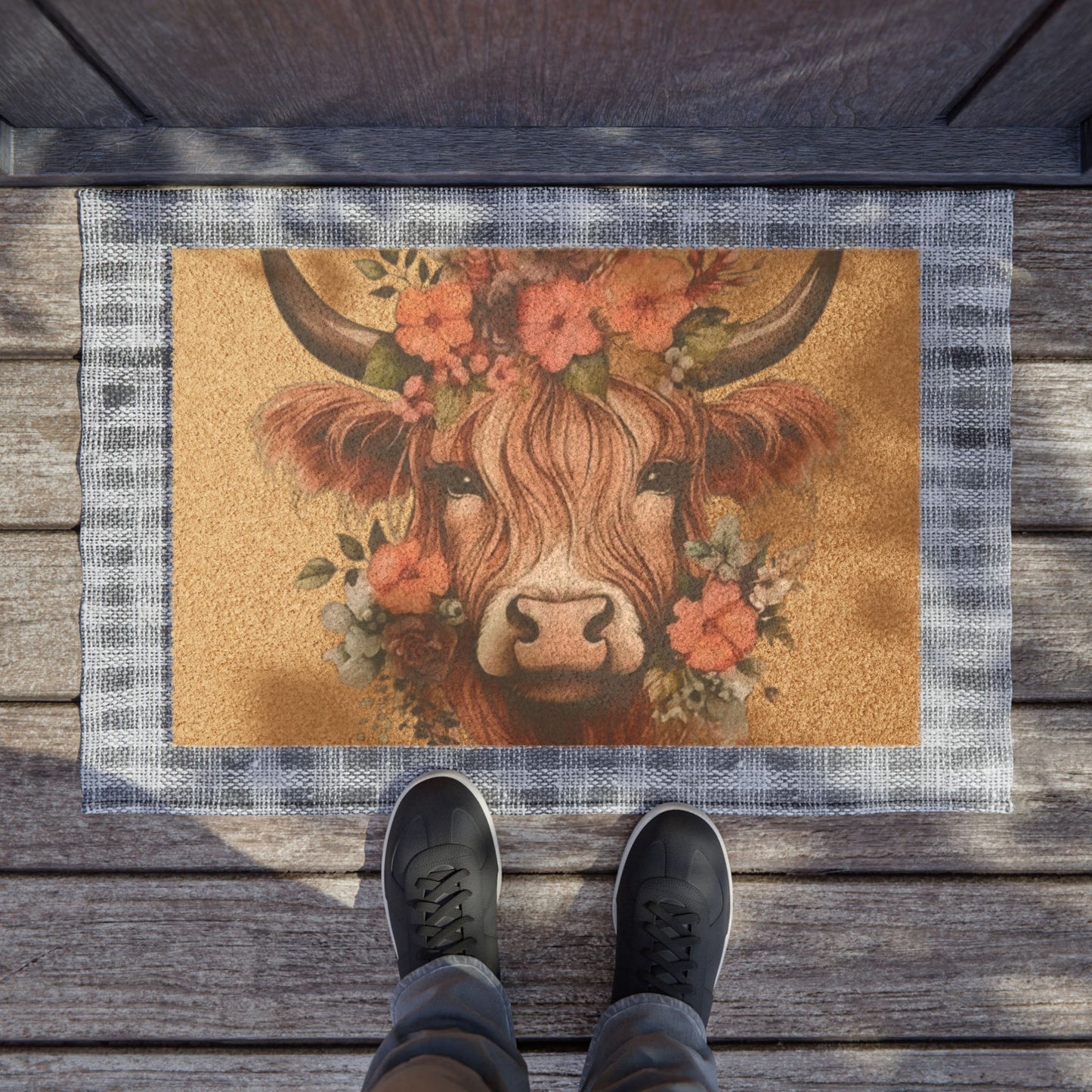 Floral Highland Cow Doormat | Rustic Cow Face Coir Welcome Mat