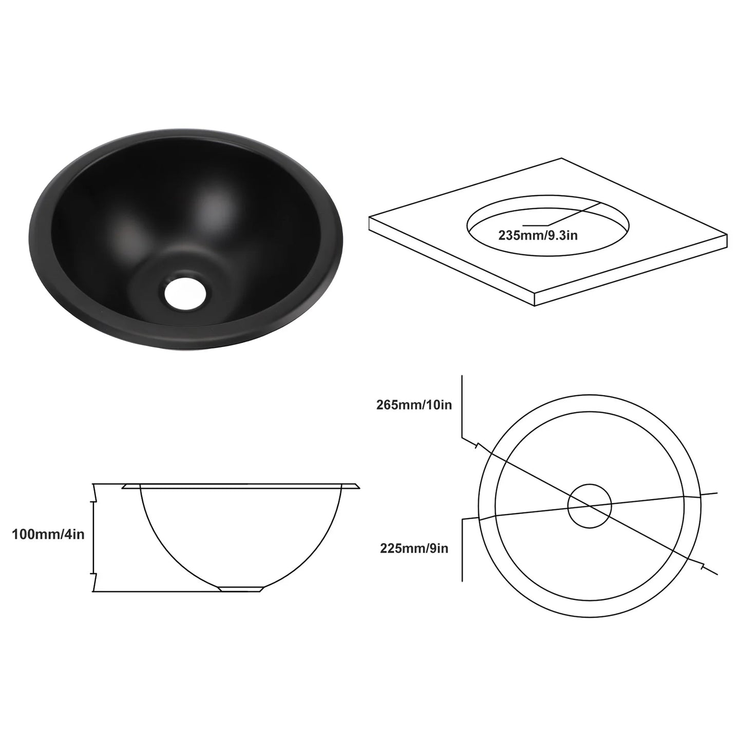 RV Sink 9 X 4in 304 Stainless Steel Round Easy To Clean 40mm Drain Port Hand Wash Basin for RV  Boat  Bathroom Sink