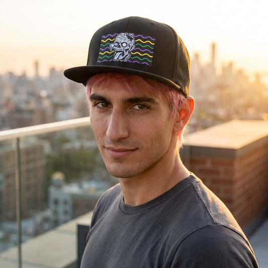 Zombie Wave Snapback Hat — Retro Neon Skull Flat-Bill Cap