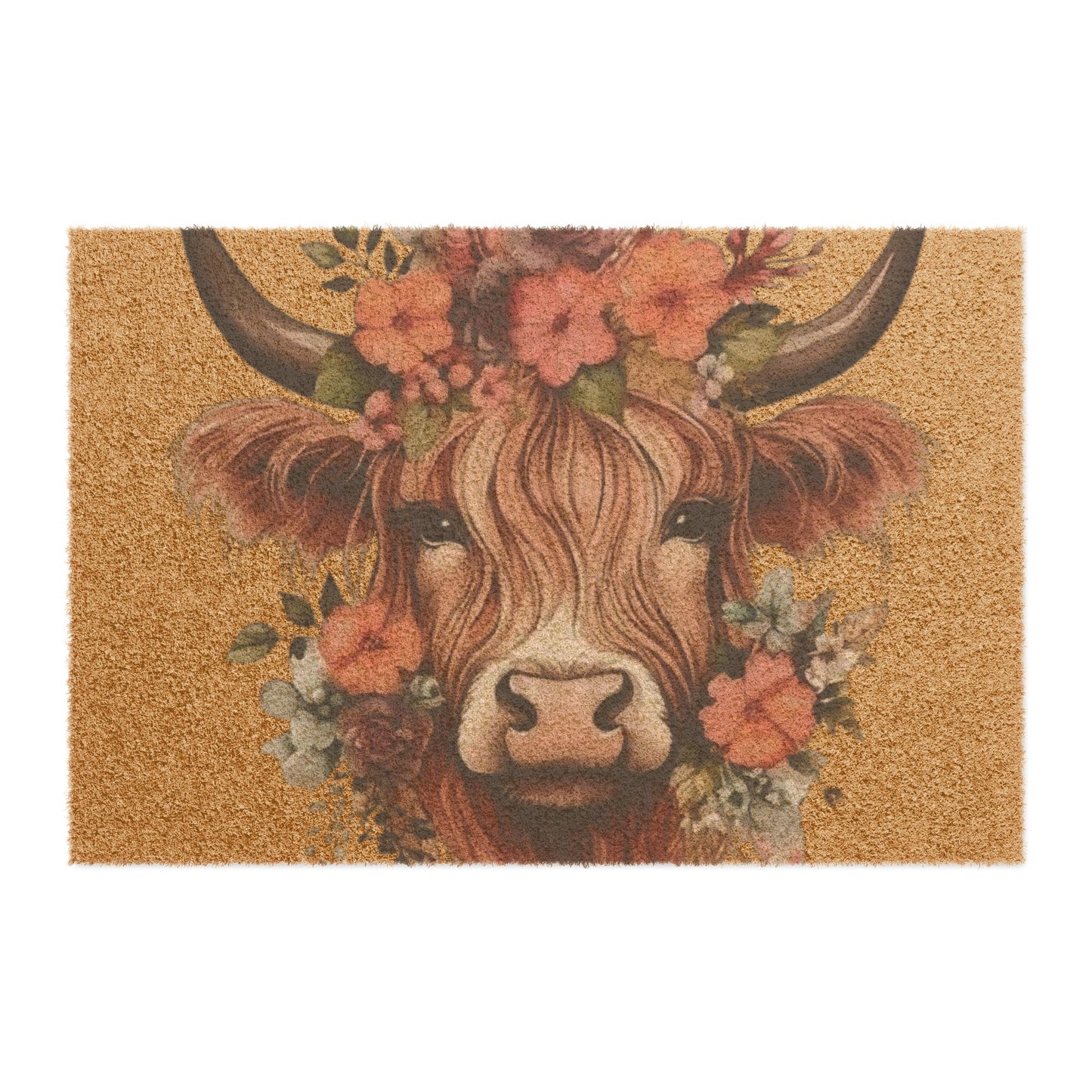 Floral Highland Cow Doormat | Rustic Cow Face Coir Welcome Mat