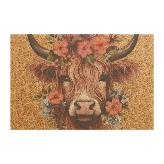 Floral Highland Cow Doormat | Rustic Cow Face Coir Welcome Mat