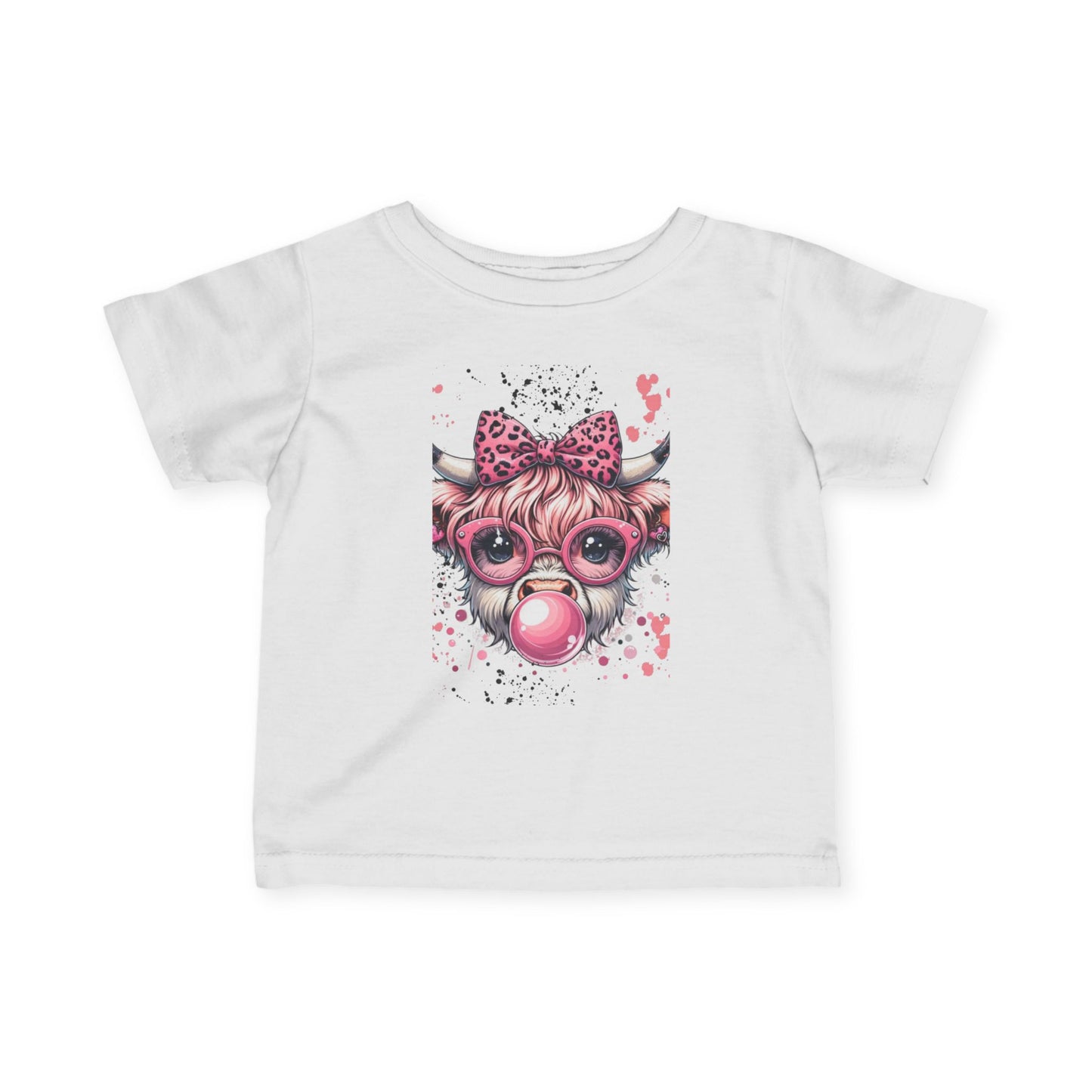 Pink Bubblegum Cow Infant Tee | Cute Cow Face with Glasses & Bow