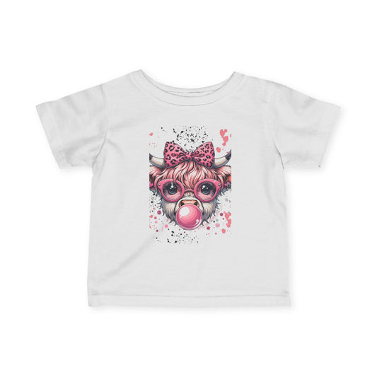 Pink Bubblegum Cow Infant Tee | Cute Cow Face with Glasses & Bow