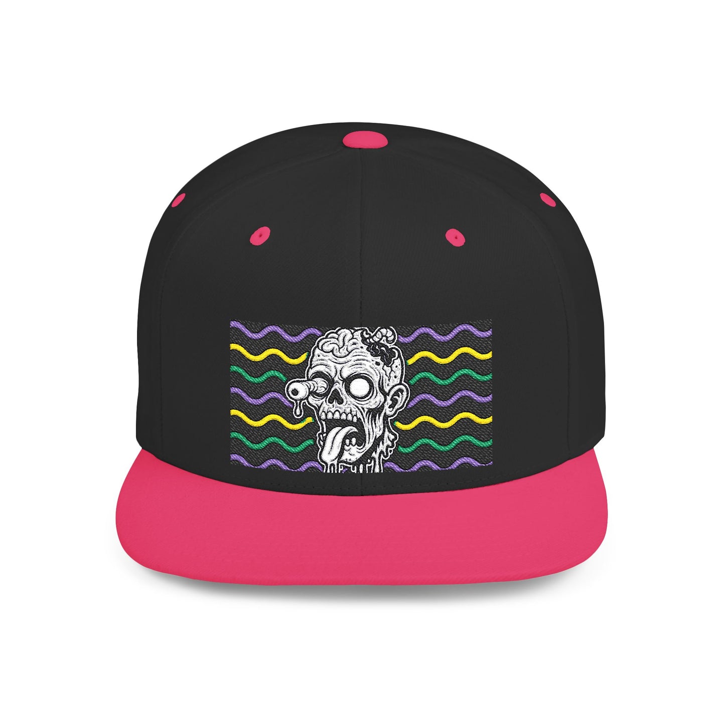 Zombie Wave Snapback Hat — Retro Neon Skull Flat-Bill Cap