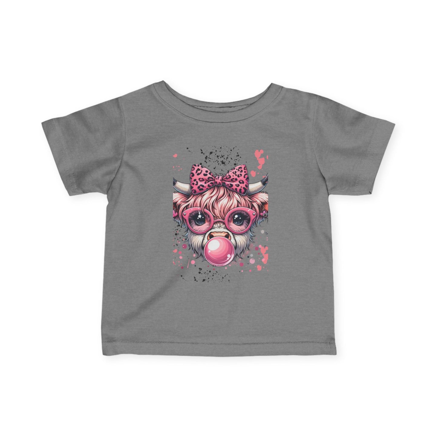 Pink Bubblegum Cow Infant Tee | Cute Cow Face with Glasses & Bow