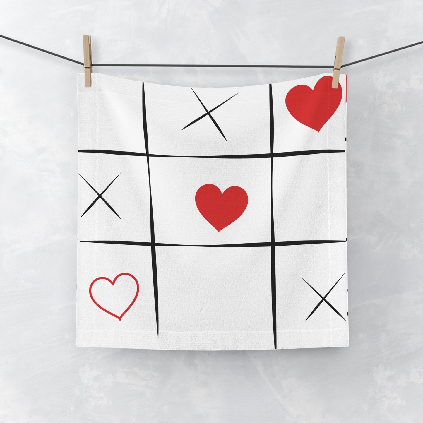 Tic Tac Toe Hearts Face Towel | Red Heart X O Pattern