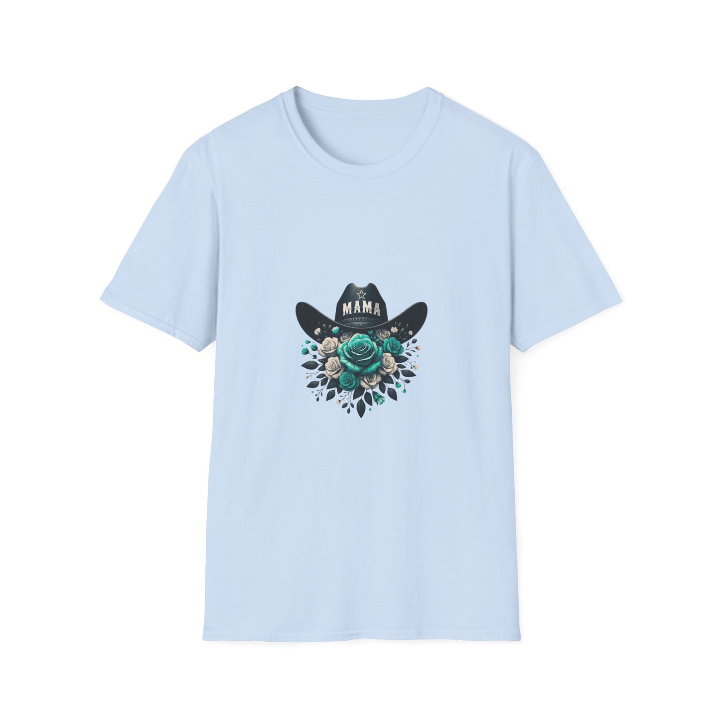 Mama Cowgirl Hat with Teal Rose T-Shirt | Floral Western Mom Tee