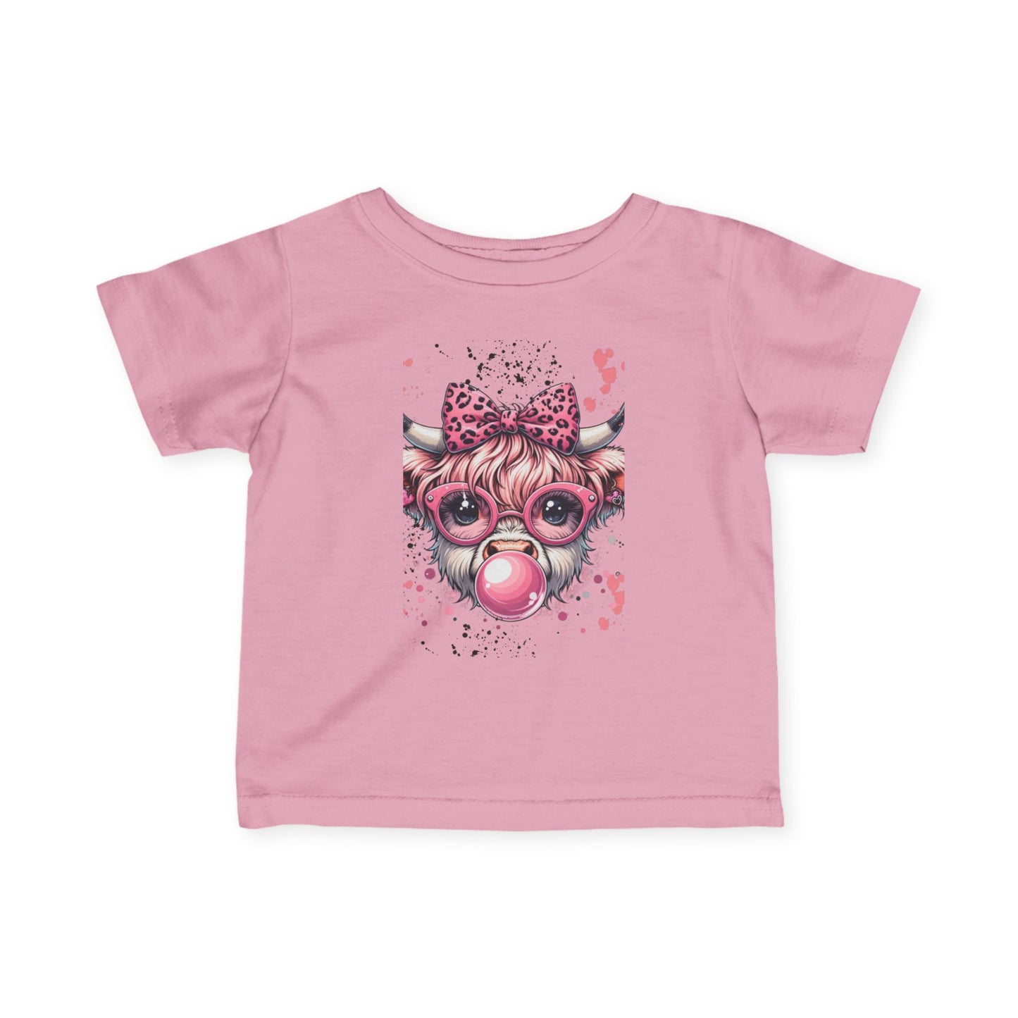 Pink Bubblegum Cow Infant Tee | Cute Cow Face with Glasses & Bow