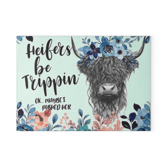 Heifers Be Trippin cow illustration Glass Cutting Board | floral farmhouse kitchen decor