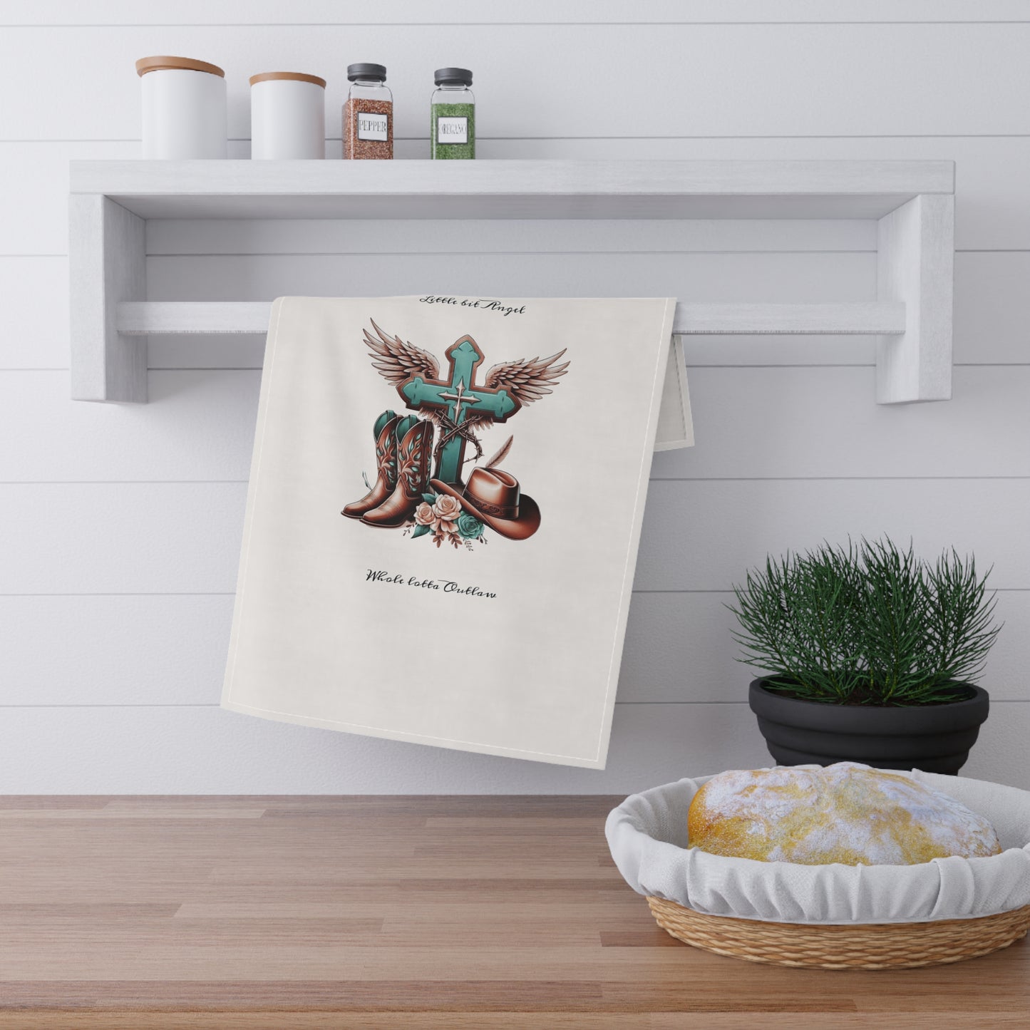 Western Cross with Boots and Hat Tea Towel | Cowboy Kitchen Decor